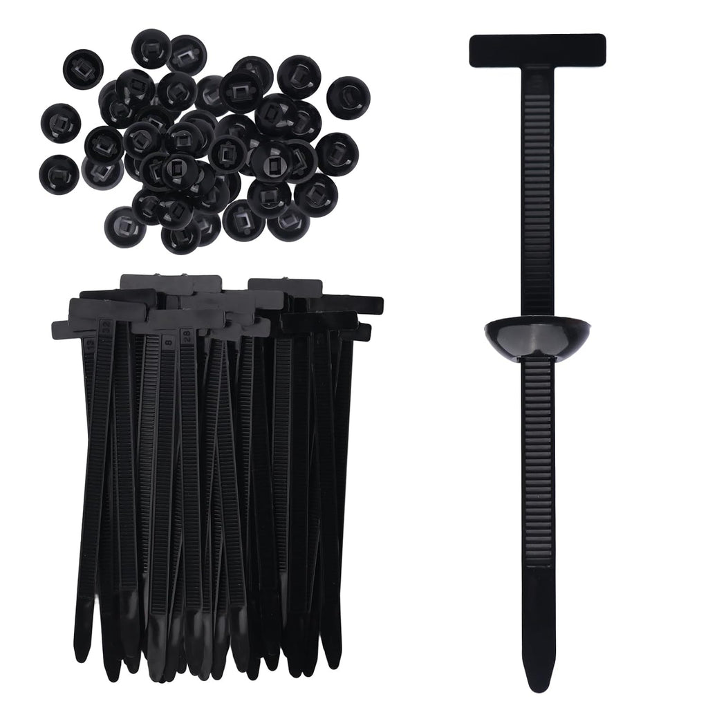 QCZD Universal Nylon Cable Tie Buckle Clips T-Head Push-In Fasteners 100-Pack Black