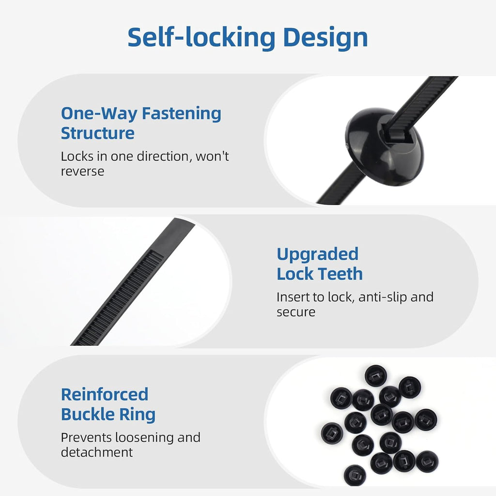 QCZD Universal Nylon Cable Tie Buckle Clips T-Head Push-In Fasteners 100-Pack Black